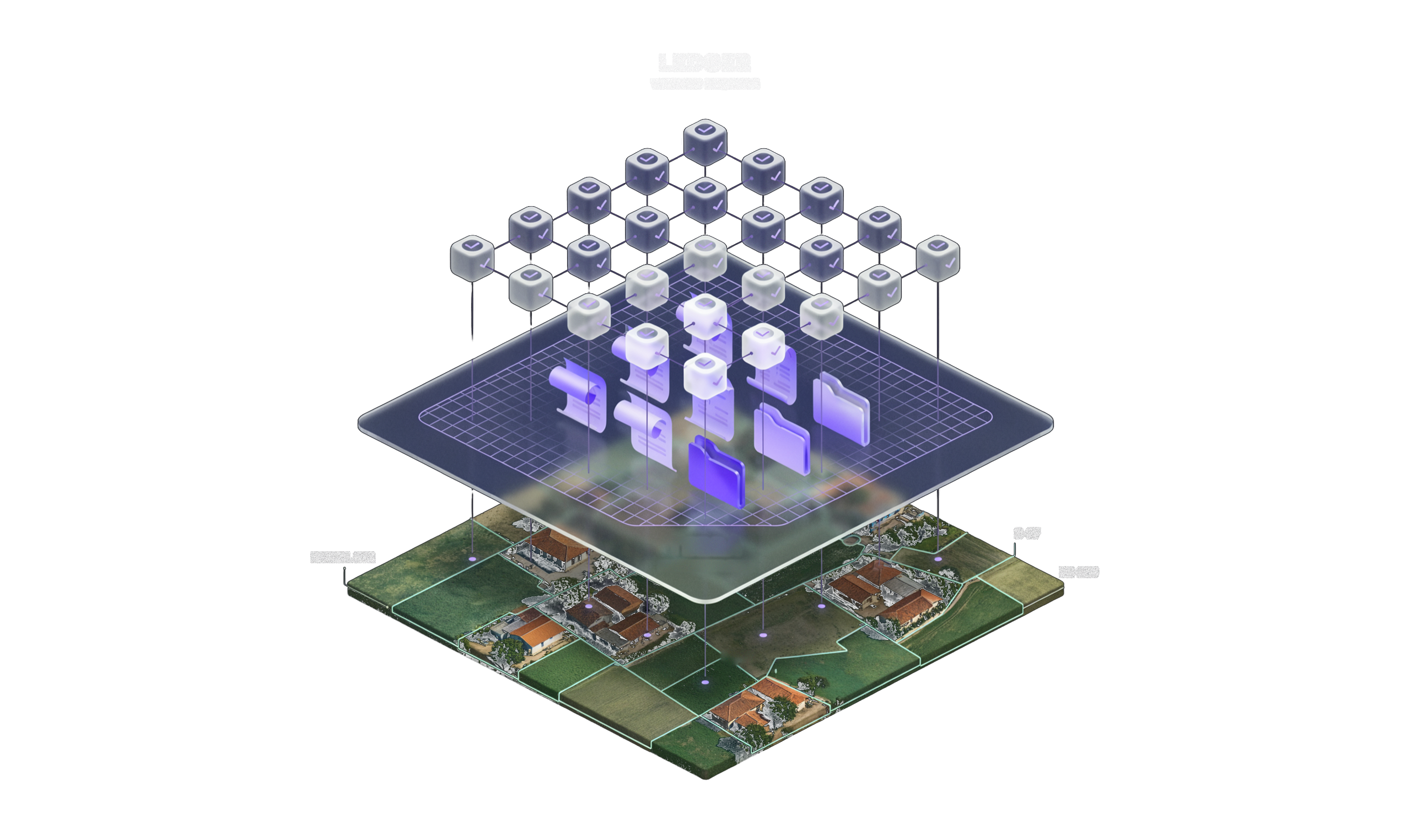 Isometric illustration of land parcels linked to a layer of verified documents and records